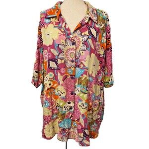 Vintage WE BE BOP Colorful Floral RAYON Shirt Women's Sz 1X Pink Purple Yellow
